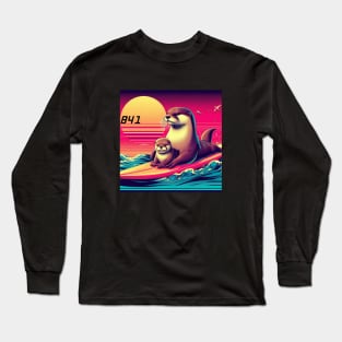 841 surfing otter with baby Long Sleeve T-Shirt